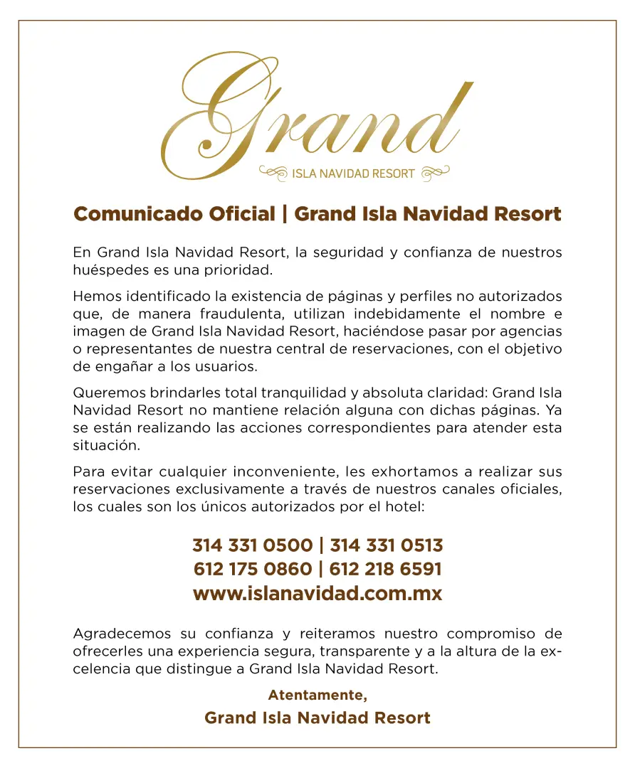 Comunicado Grand Isla Navidad Resort